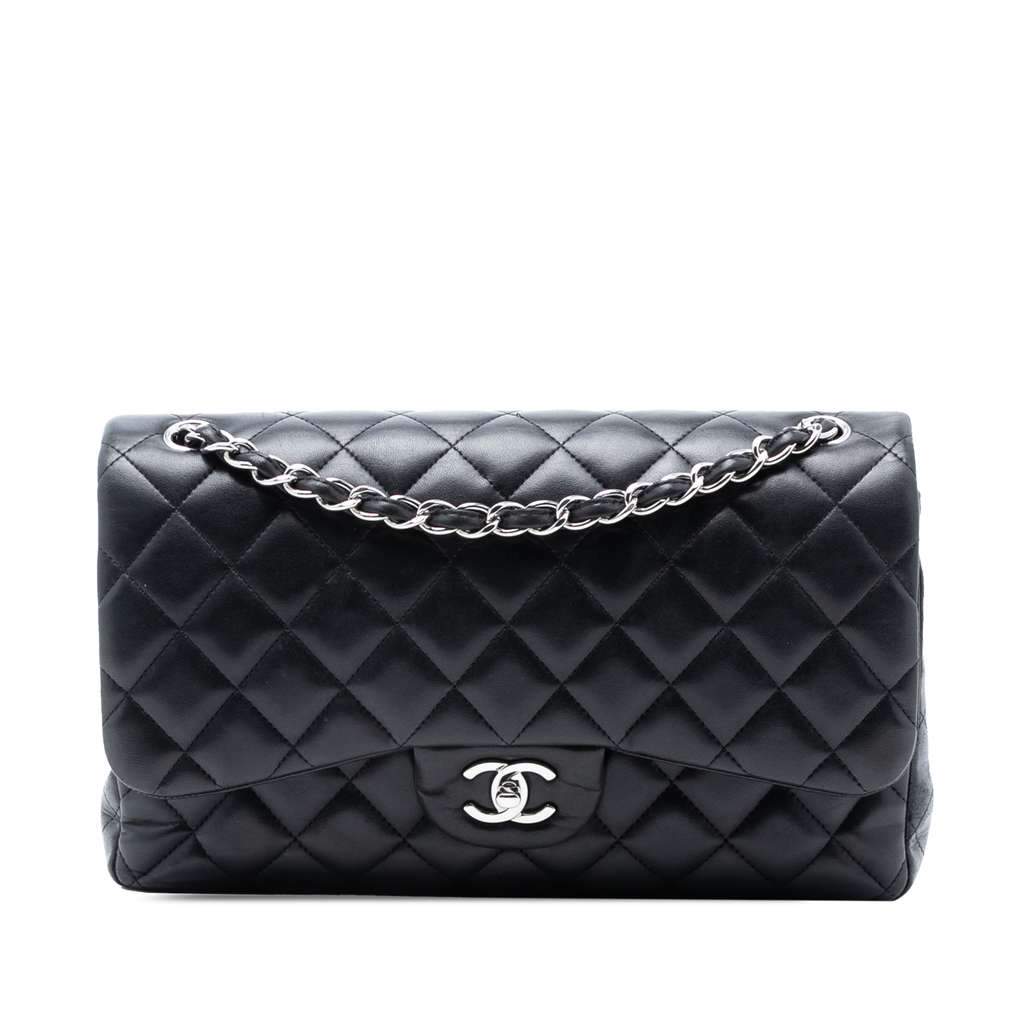 Chanel Jumbo Classic Lambskin Double Flap Black Leather Very good condition - Front View