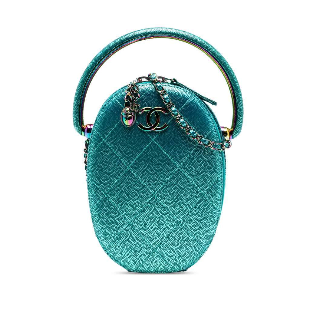 Chanel Quilted Metallic Caviar Rainbow Hardware Oval Camera Bag Blue Leather Very good - Front View