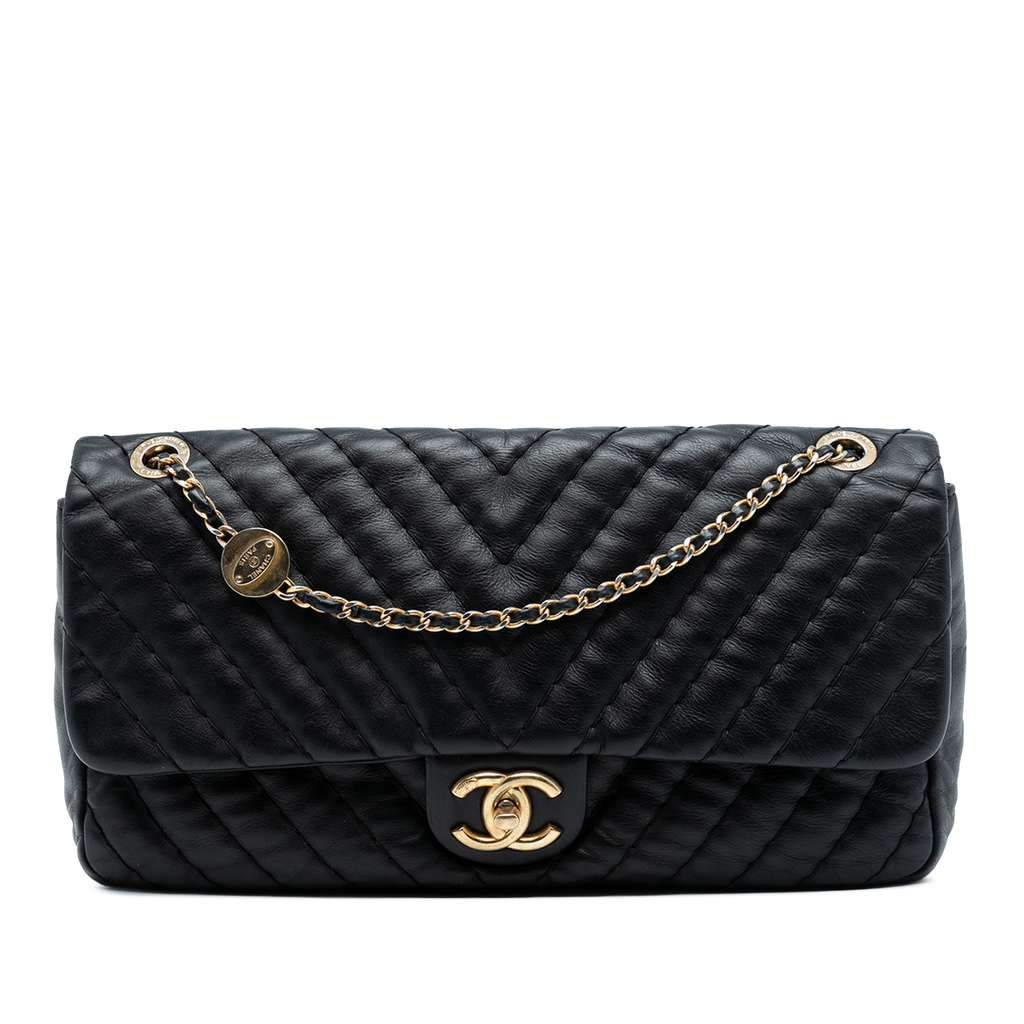 Chanel Jumbo Chevron Iridescent Calfskin Surpique Flap Black Leather Good - Front View