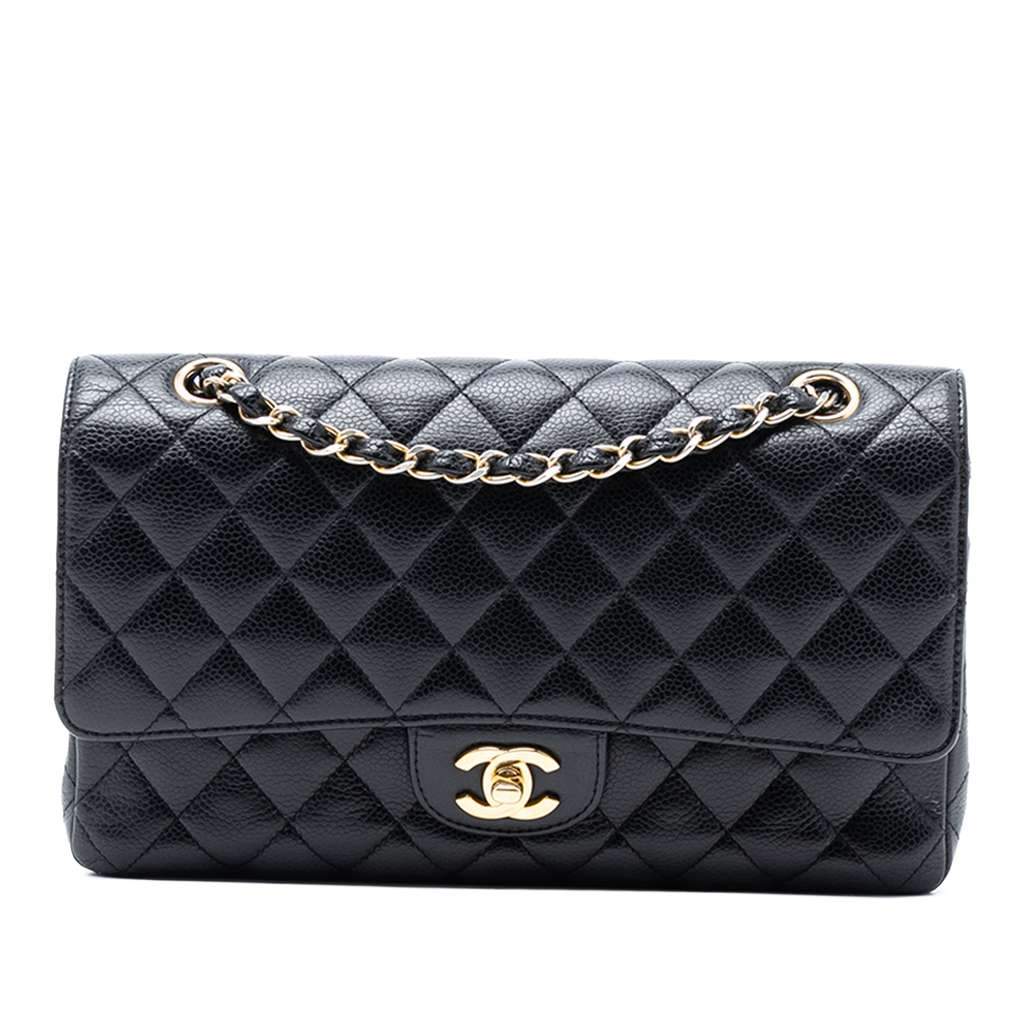 Chanel Medium Classic Caviar Double Flap Black Leather Good - Front View