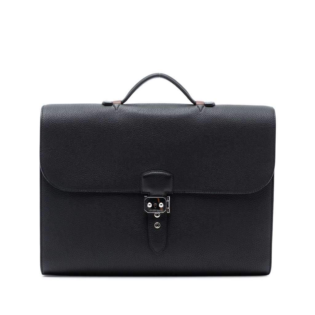Hermès Togo and Swift Sac A Depeches Verso 38 Black Leather Good condition - Front View