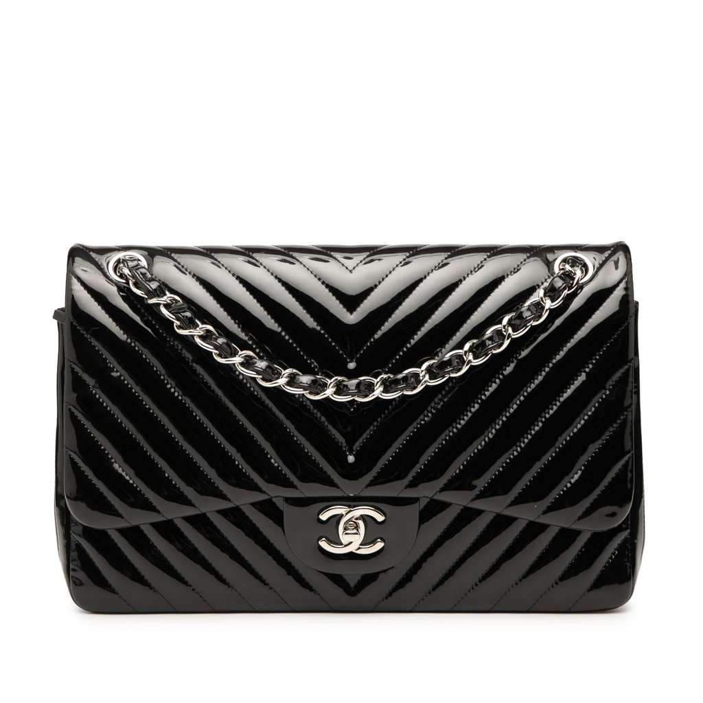 Chanel Jumbo Classic Chevron Patent Double Flap Black Leather Very good - Front View
