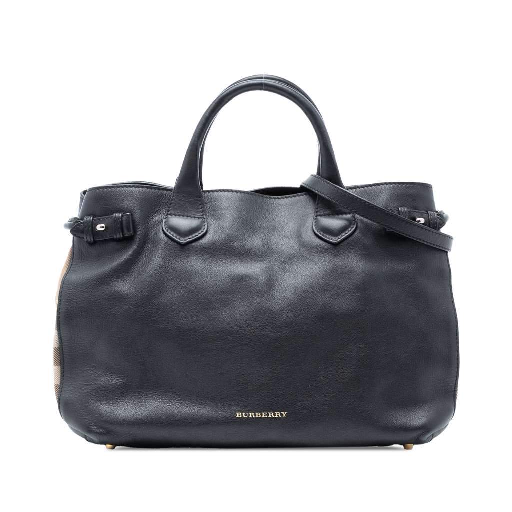 Burberry Medium Leather and House Check Banner Satchel Black Leather Very good condition - Front View