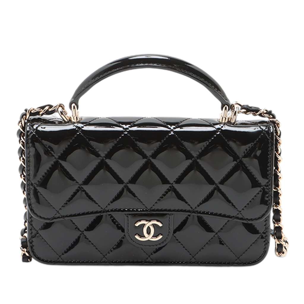Chanel CC Quilted Patent Top Handle Phone Holder with Chain Black Leather Good - Front View