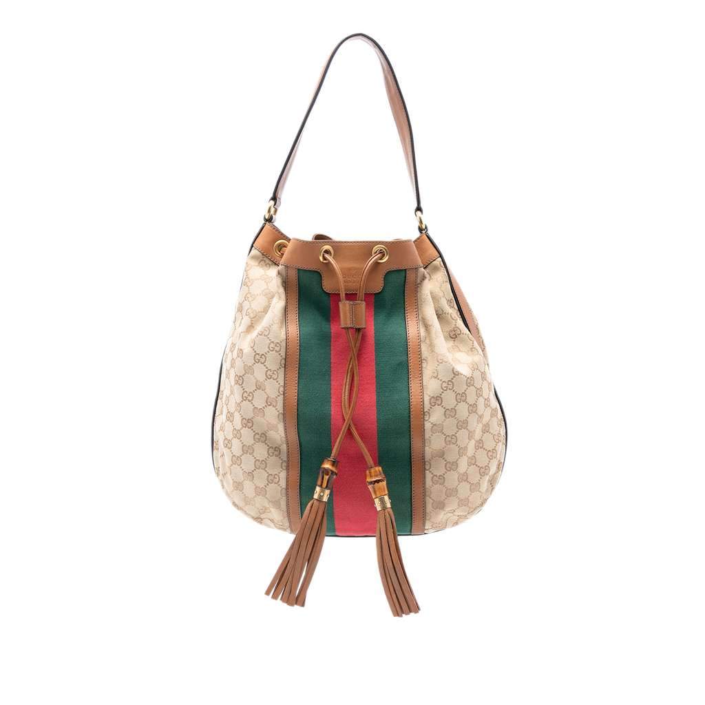 Gucci GG Canvas Web Rania Drawstring Hobo Brown Canvas Very good condition - Front View