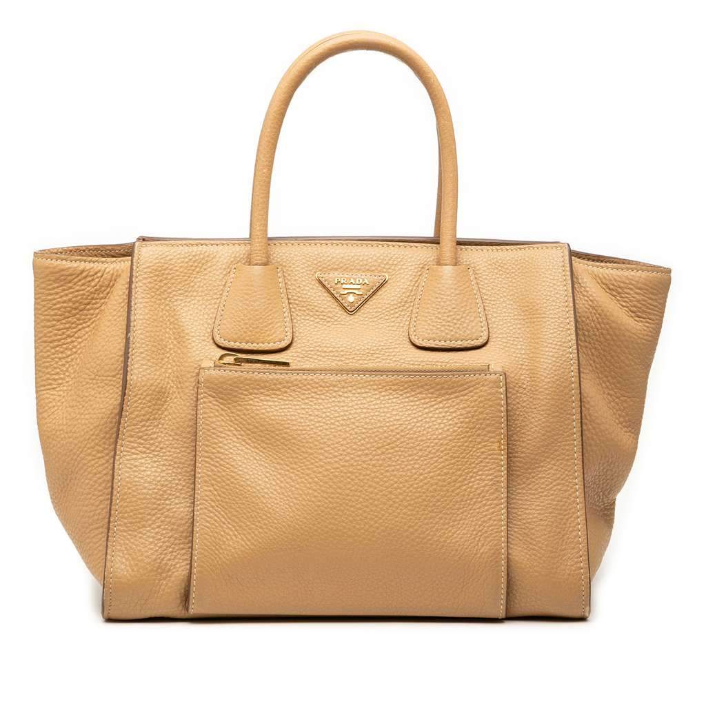 Prada Vitello Daino Front Pocket Open Convertible Tote Brown Leather Good - Front View