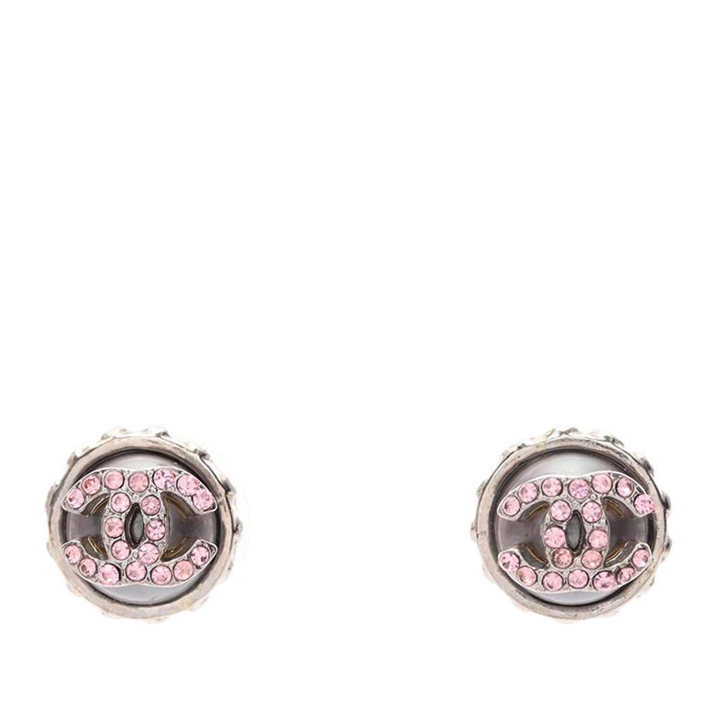 Chanel CC Stainless Steel Rhinestones Push Back Earrings Silver Stainless steel Good condition - Front View
