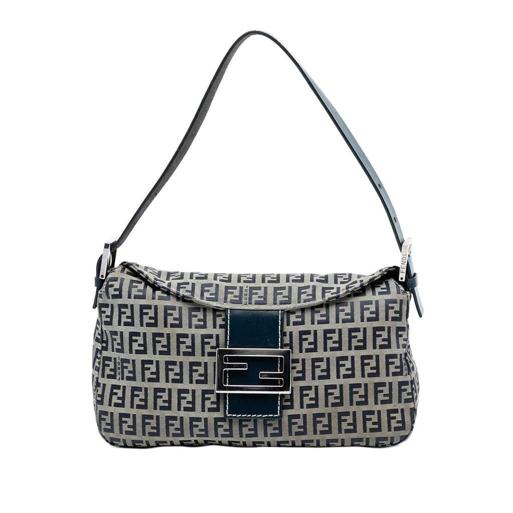 Fendi Zucchino Canvas Double Flap Shoulder Bag Grey Canvas Good - Front View