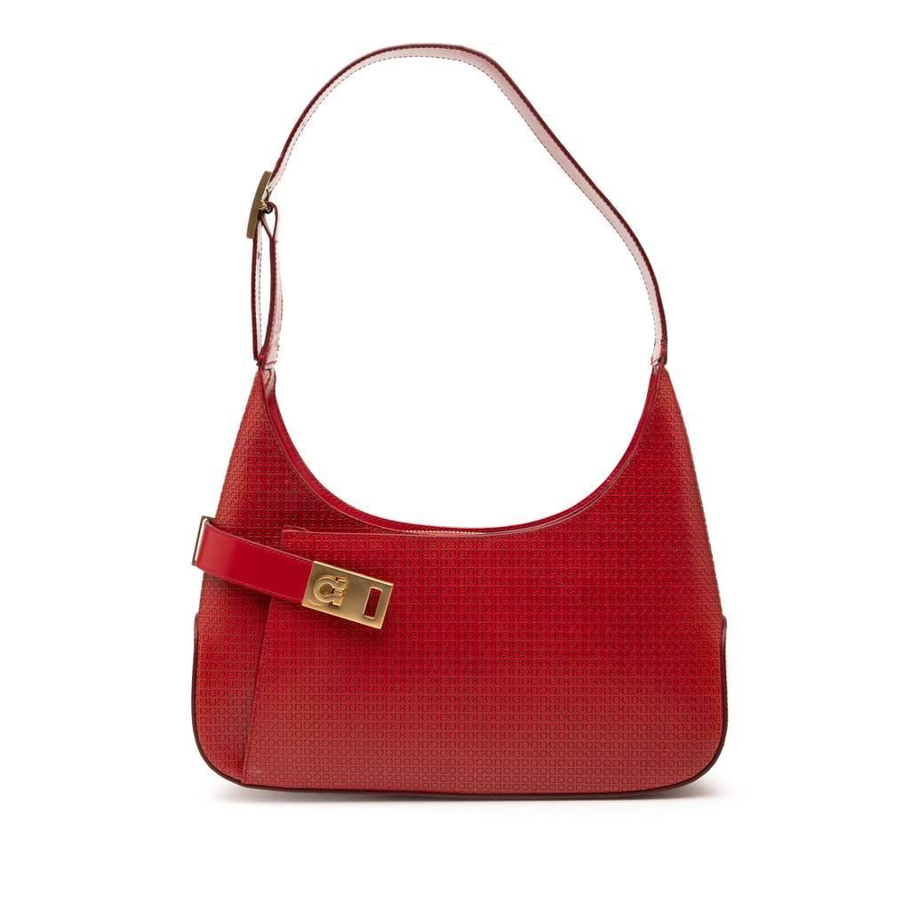 Salvatore Ferragamo Gancini Embossed Leather Shoulder Bag Red Leather Very good condition - Front View