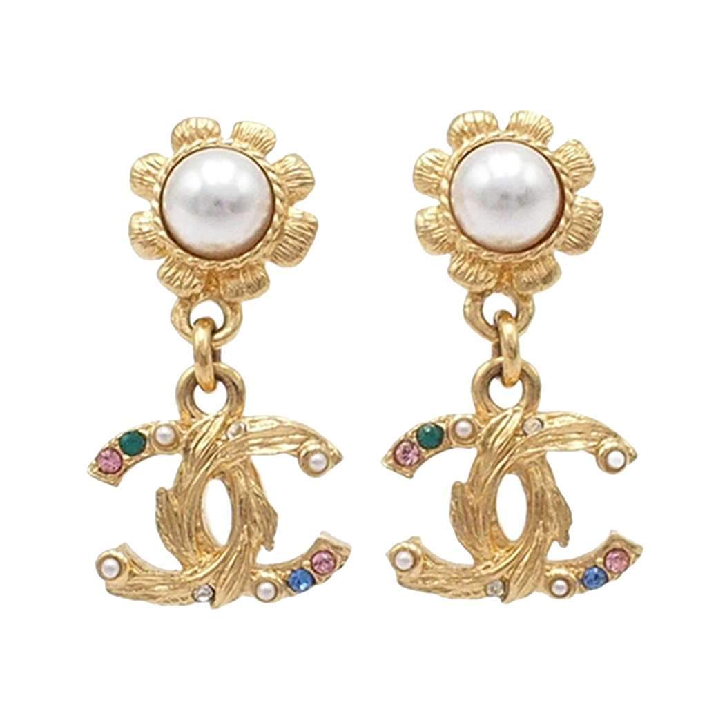 Chanel CC Gold Plated Faux Pearl and Rhinestone Swing Push Back Earrings Gold Metal Good - Front View