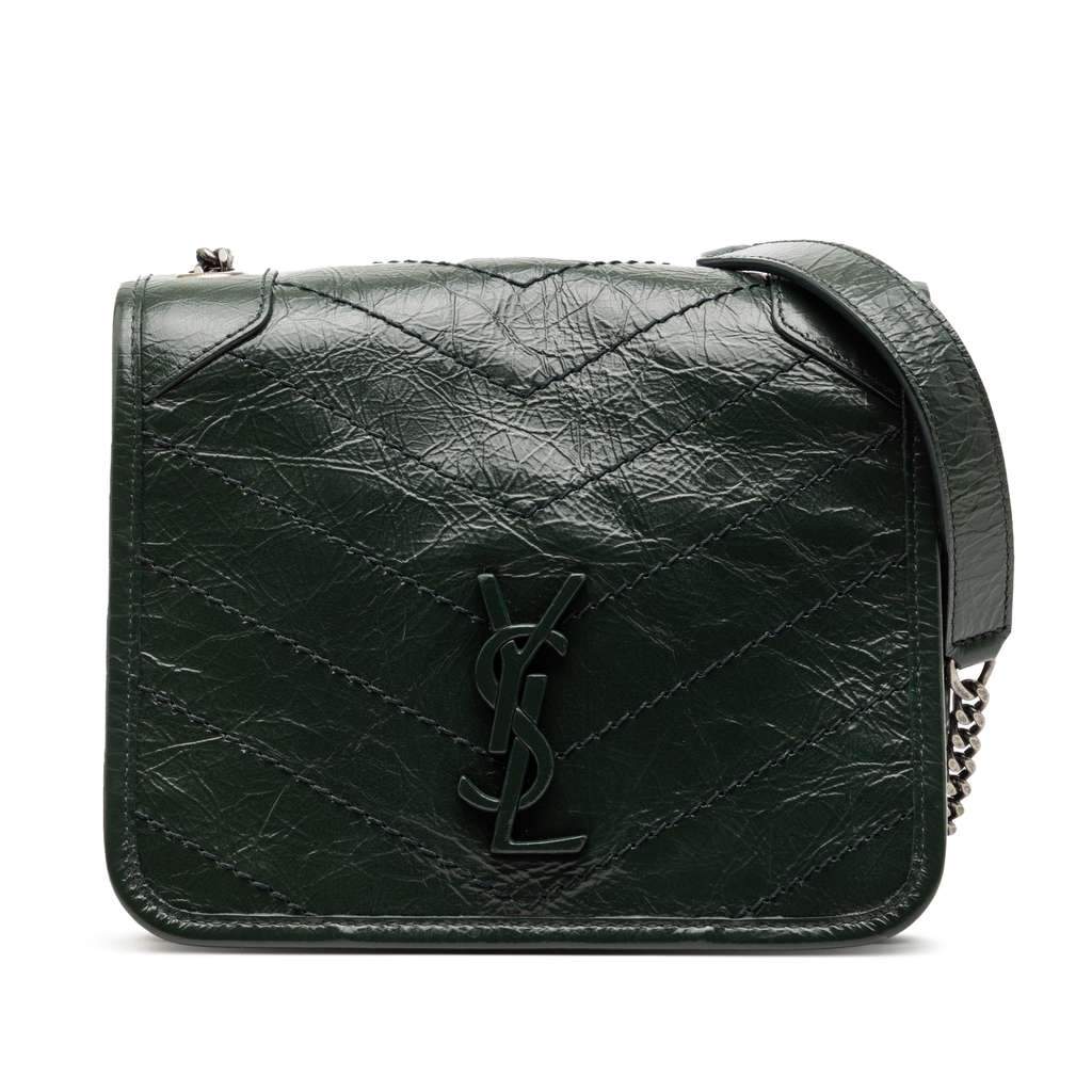 Saint Laurent Crinkled Calfskin Niki Wallet on Chain Green Leather Very good condition - Front View