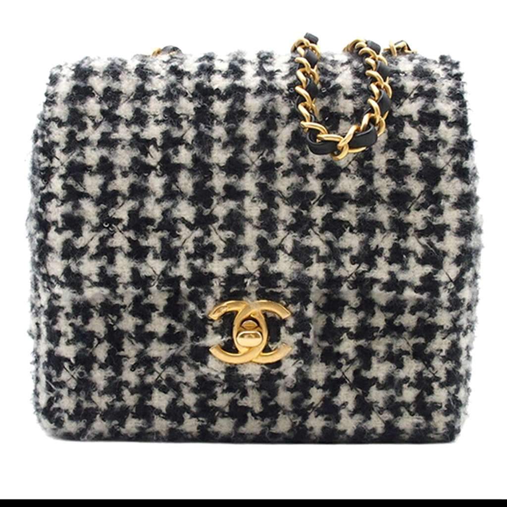 Chanel Mini Square Quilted Tweed Houndstooth Straight Single Flap Black Tweed Good - Front View