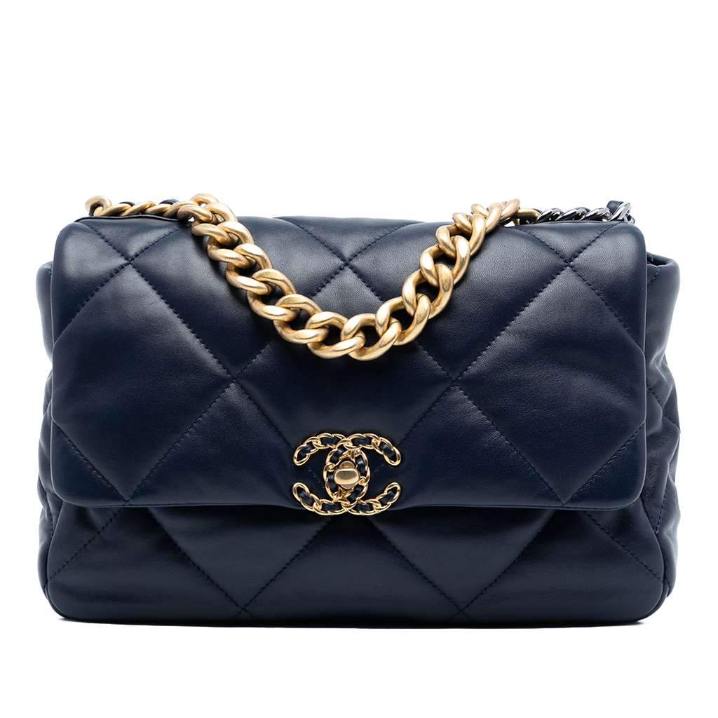 Chanel Large Lambskin 19 Flap Blue Leather Good - Front View