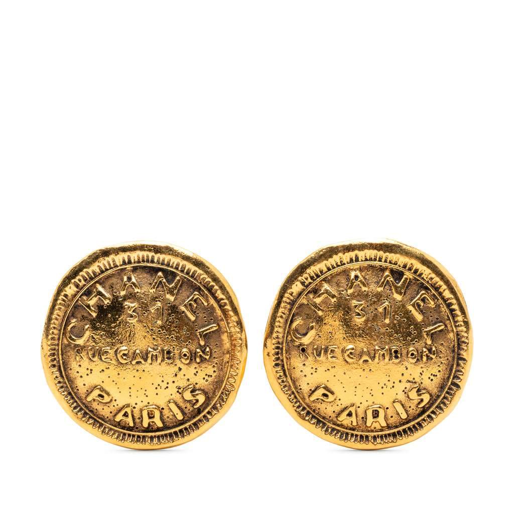 Chanel Gold Plated 31 Rue Cambon Round Clip On Earrings Gold Metal Very good condition - Front View