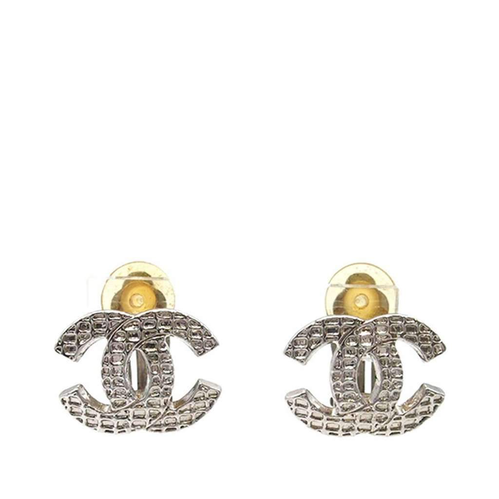 Chanel Silver Plated CC Clip on Earrings Silver Metal Very good - Front View