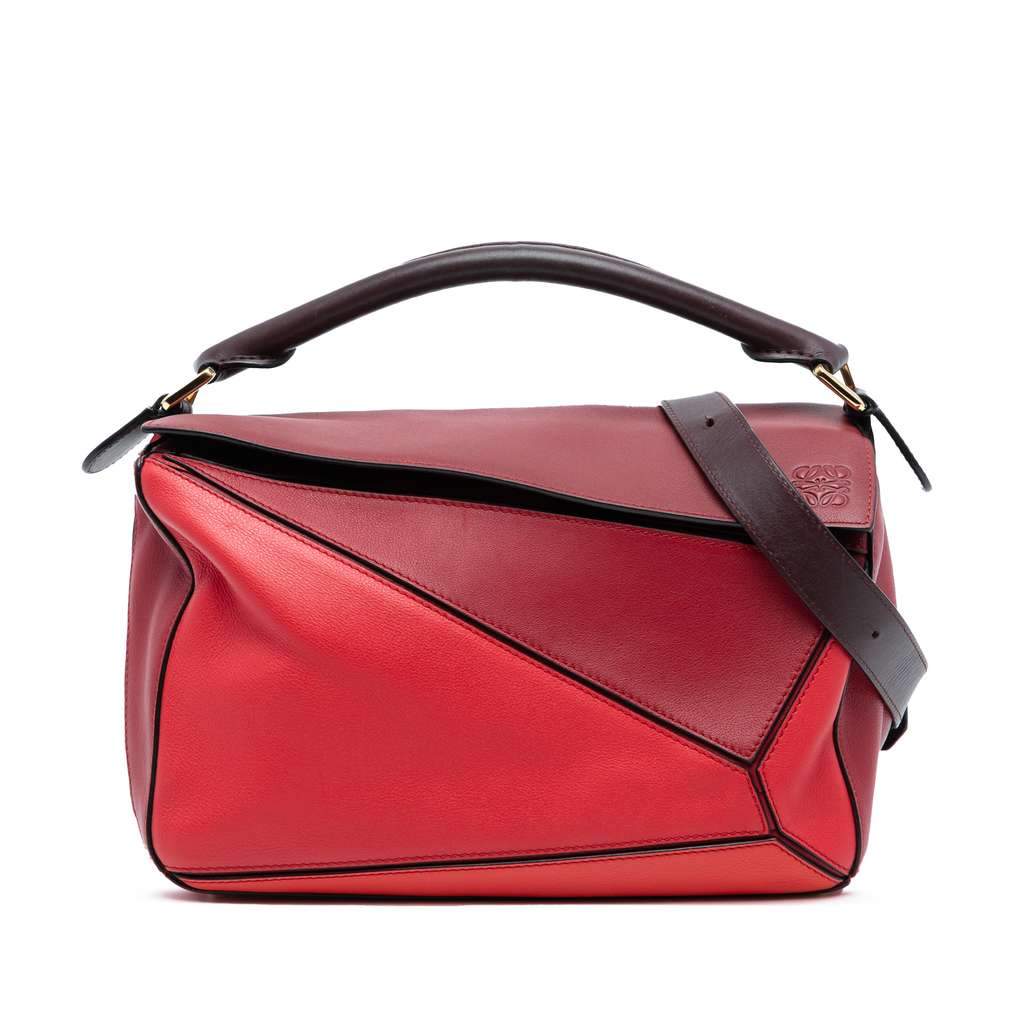 Loewe Medium Tricolor Calfskin Puzzle Satchel Red Leather Very good condition - Front View