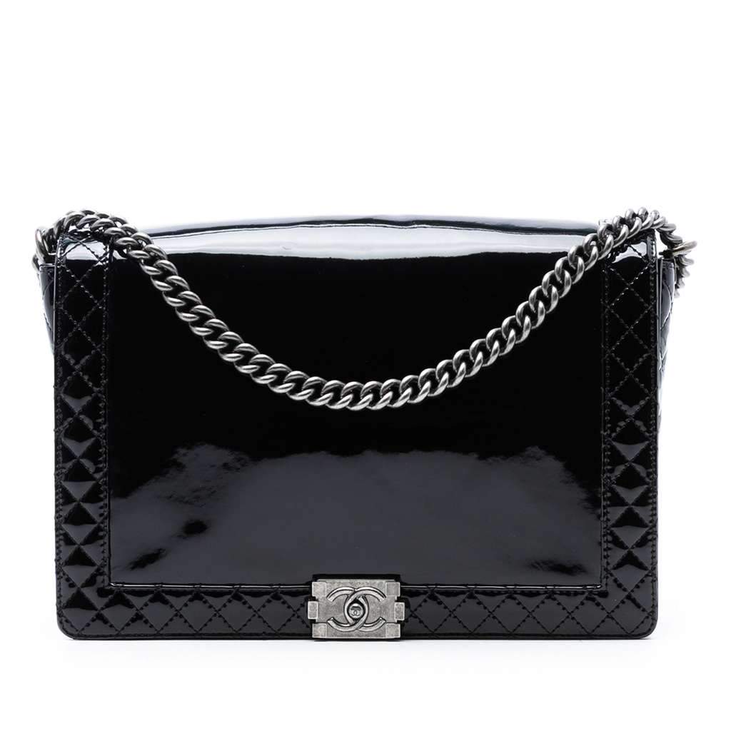 Chanel Extra Large Patent Boy Reverso Flap Black Leather Very good - Front View