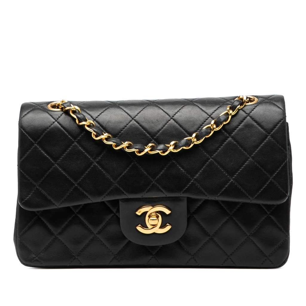 Chanel Small Classic Lambskin Double Flap Black Leather Good - Front View