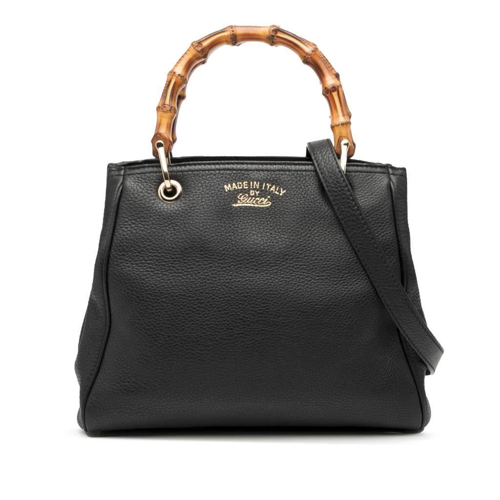 Gucci Small Calfskin Bamboo Shopper Satchel Black Leather Good - Front View