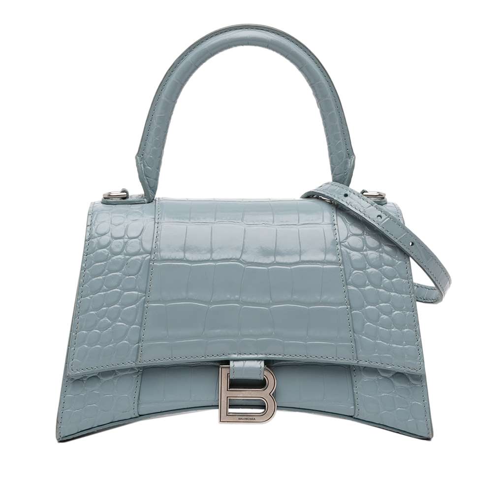 Balenciaga Small Croc Embossed Hourglass Top Handle Bag Blue Leather Very good - Front View