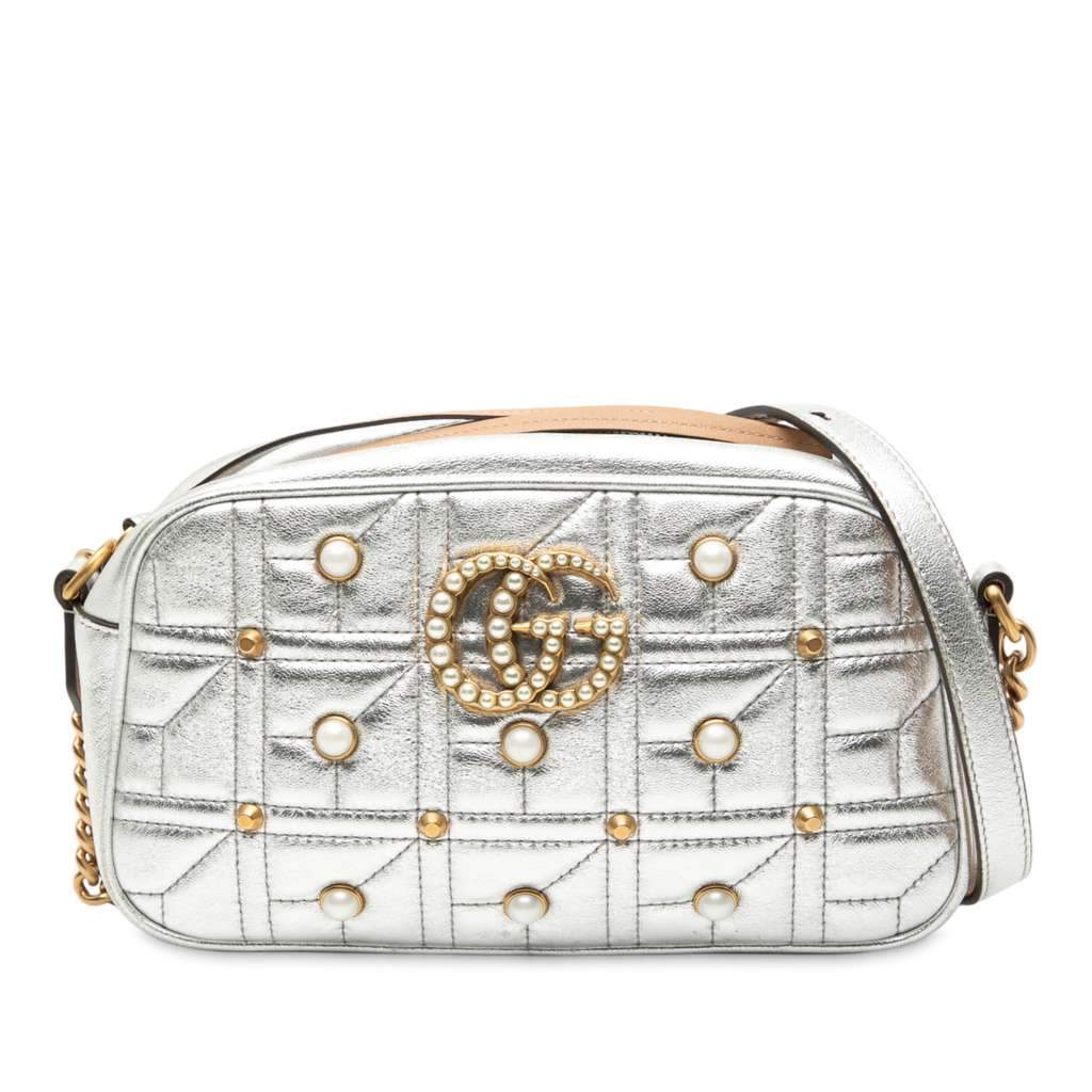 Gucci Small GG Marmont Pearl Studded Matelasse Leather Aria Crossbody Silver Leather Very good condition - Front View