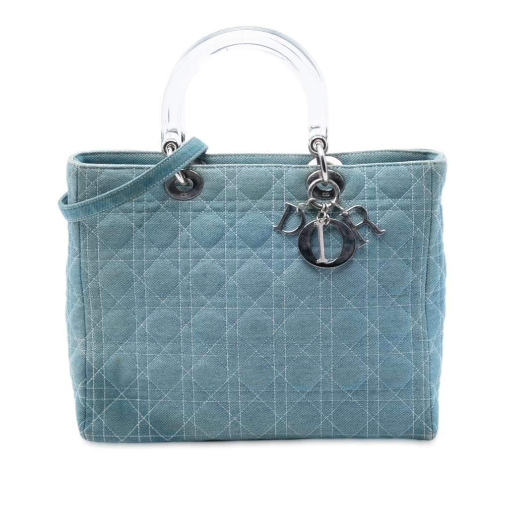 Dior Large Denim Cannage Acrylic Handles Lady Dior Blue Denim Very good - Front View