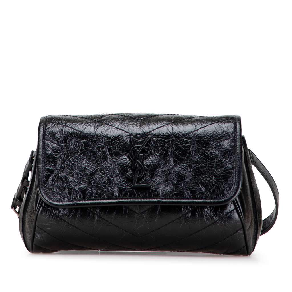 Saint Laurent Crinkled Calfskin Monogram Niki Belt Bag Black Leather Good - Front View