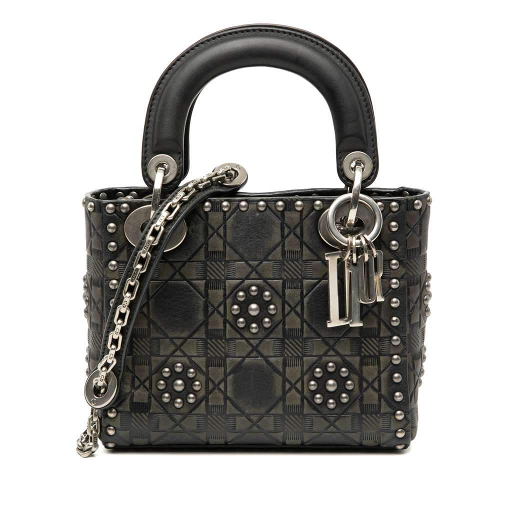Dior Mini Calfskin Cannage Studded Flower Lady Dior Black Leather Very good condition - Front View