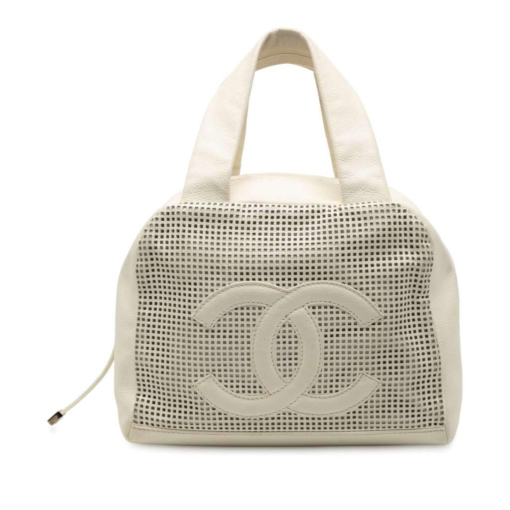 Chanel CC Perforated Caviar Bowler Bag White Leather Good - Front View