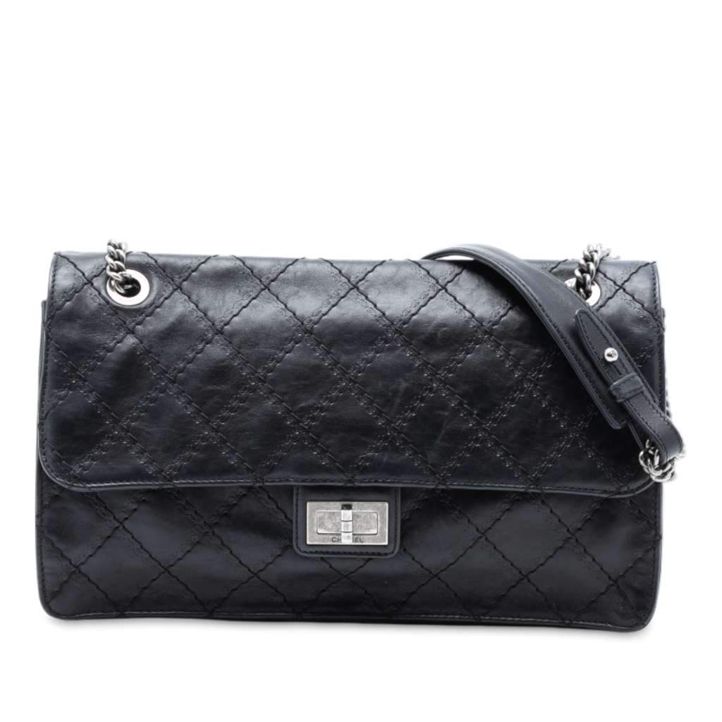 Chanel Embossed CC Quilted Aged Calfskin Reissue 2.55 Single Flap 227 Black Leather Good - Front View