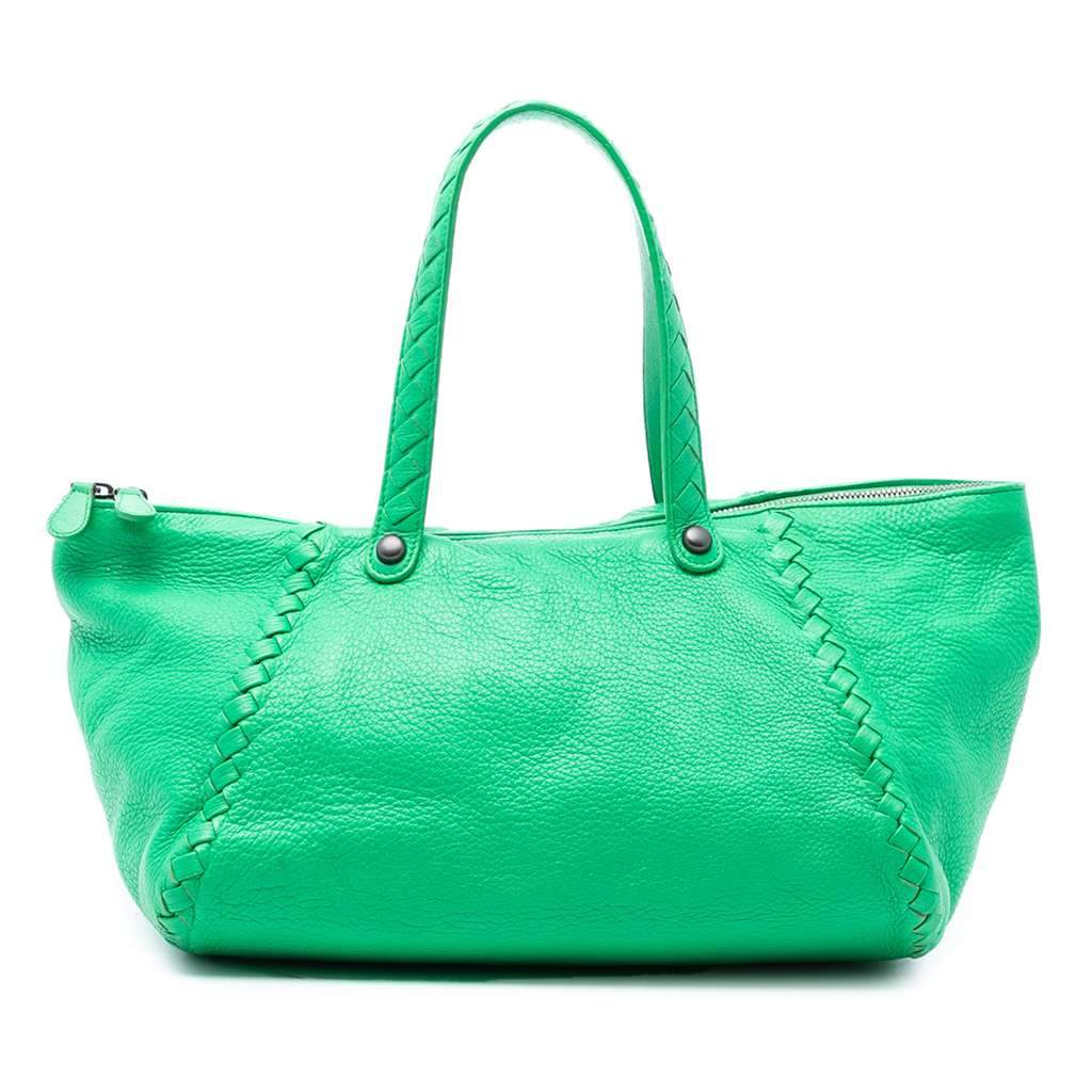 Bottega Veneta Intrecciato Trimmed Cervo Tote Green Leather Very good - Front View