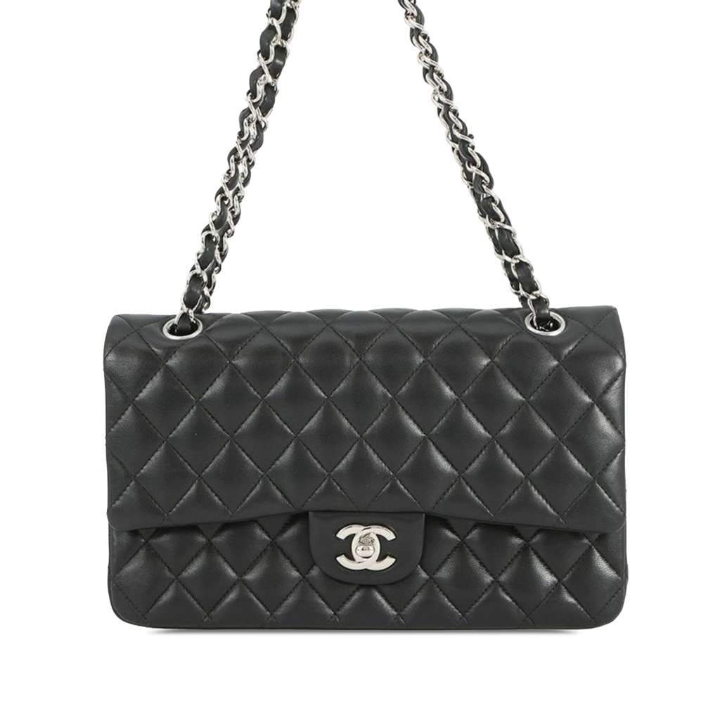 Chanel Medium Classic Lambskin Double Flap Black Leather Good - Front View