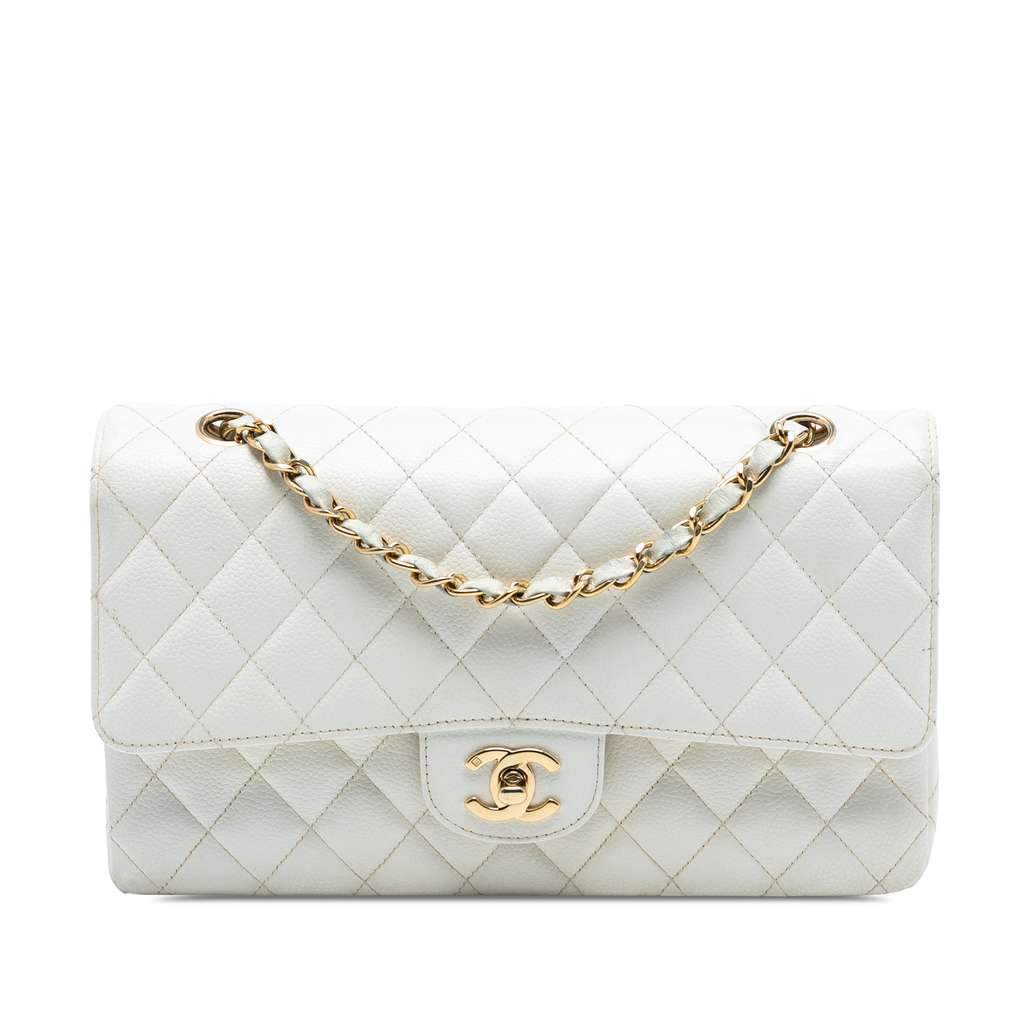 Chanel Medium Classic Caviar Double Flap White Leather Very good condition - Front View