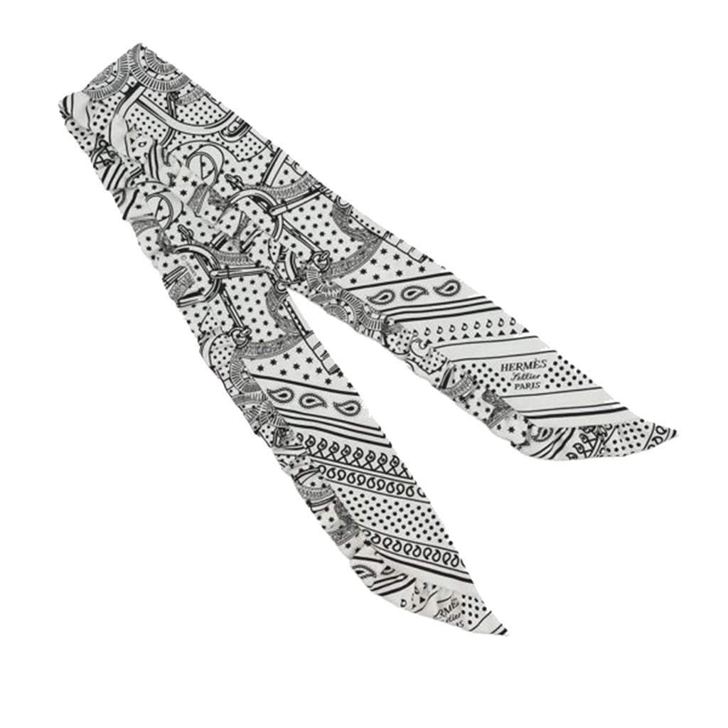 Hermès Eperon d Or Bandana Ruffled Twilly Silk Scarf White Silk Good condition - Front View