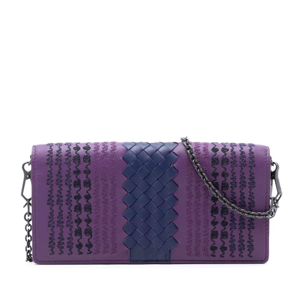 Bottega Veneta Nappa Intrecciato Embroidered Continental Wallet on Chain Purple Leather Very good - Front View