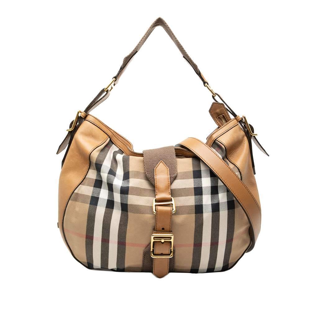 Burberry Medium House Check Canvas Ashwood Hobo Brown Canvas Good - Front View