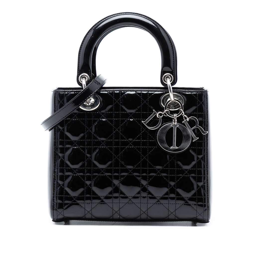 Dior Medium Patent Cannage Lady Dior Black Leather Good - Front View