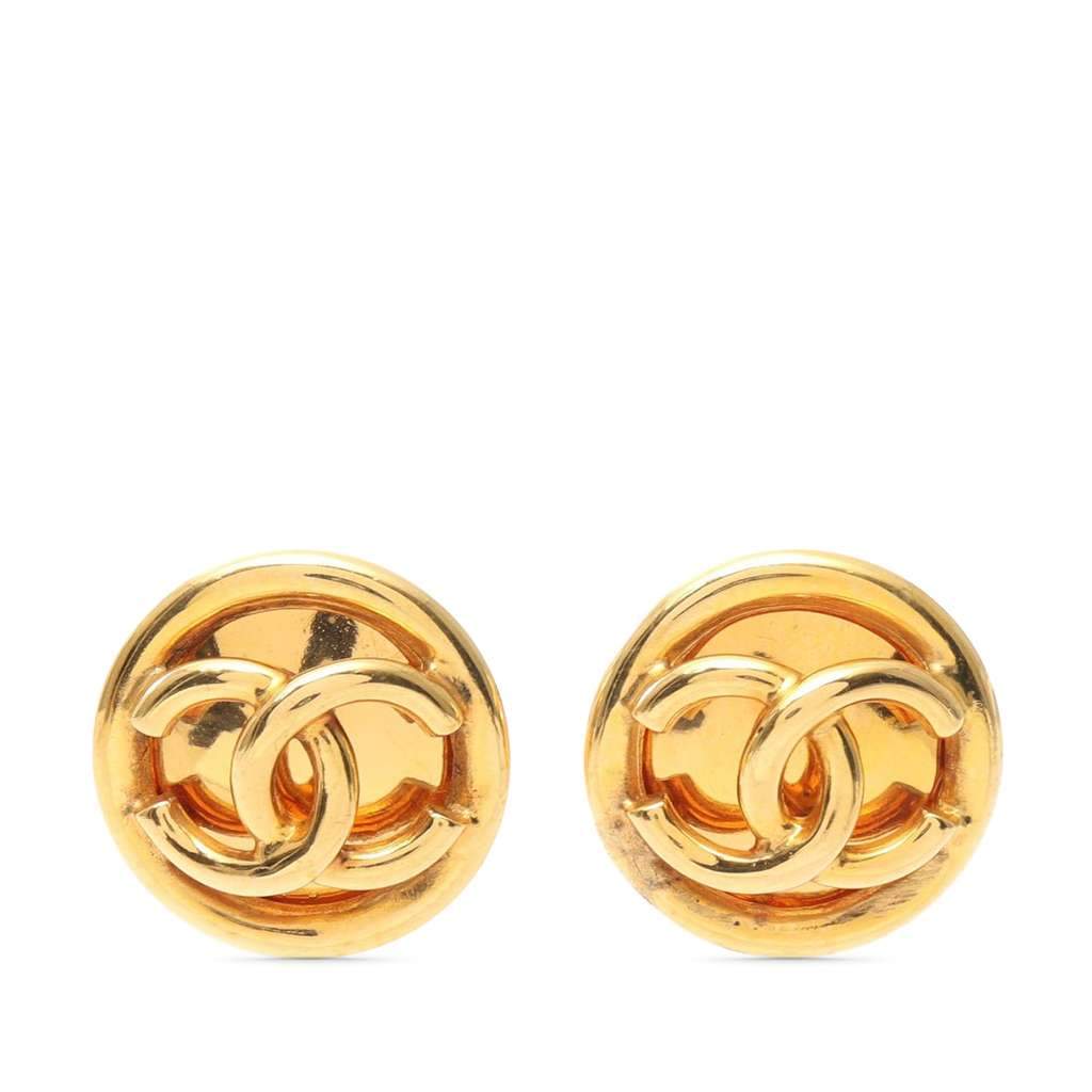 Chanel CC Gold Plated Button Clip On Earrings Gold Metal Good - Front View