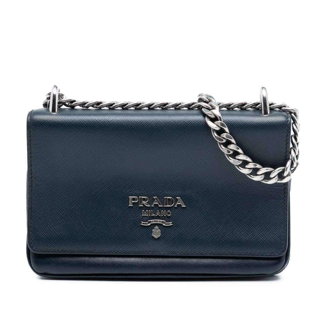 Prada Saffiano and City Calf Chain Crossbody Blue Leather Very good - Front View