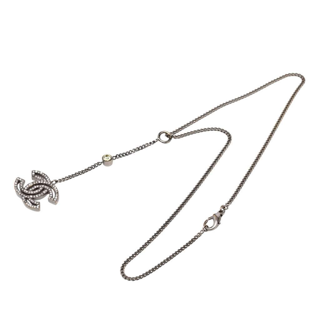 Chanel Silver Plated Rhinestone CC Drop Pendant Necklace Silver Metal Good - Front View
