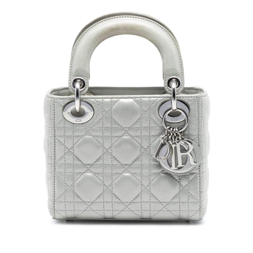 Dior Mini Iridescent Lambskin Cannage Lady Dior Silver Leather Very good condition - Front View