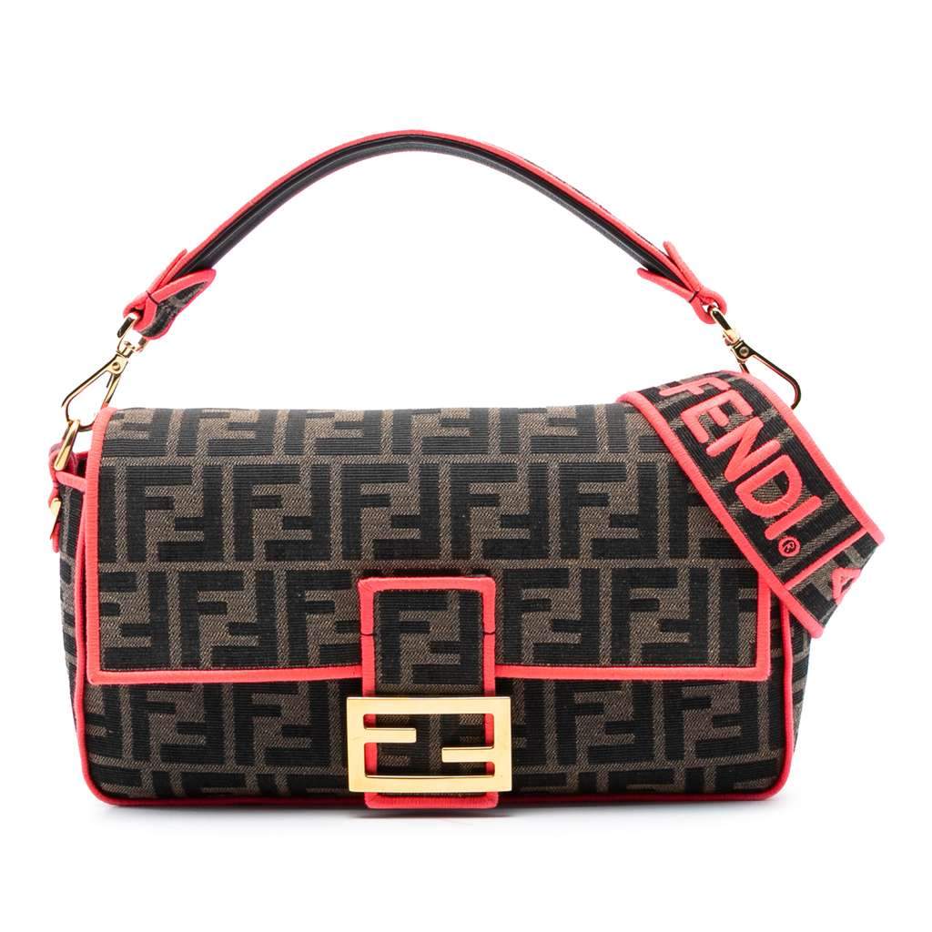 Fendi Medium Zucca Canvas Fluo Trim Baguette Satchel Brown Canvas Very good condition - Front View
