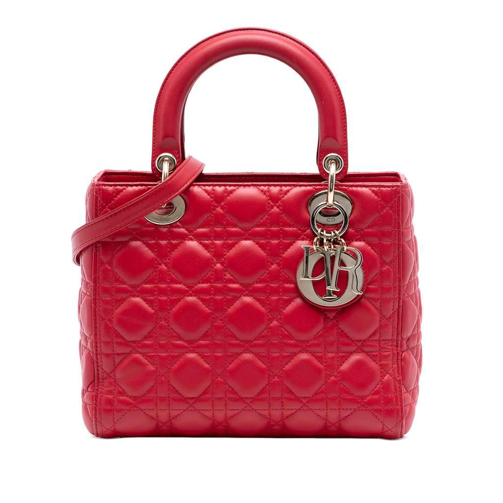 Dior Medium Lambskin Cannage Lady Dior Red Leather Good condition - Front View