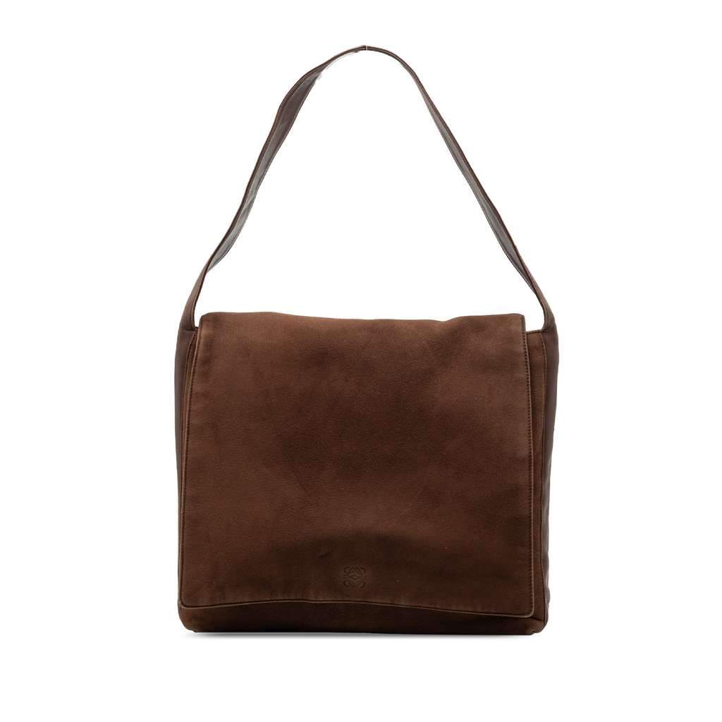 Loewe Suede Anagram Flap Shoulder Bag Brown Leather Very good - Front View