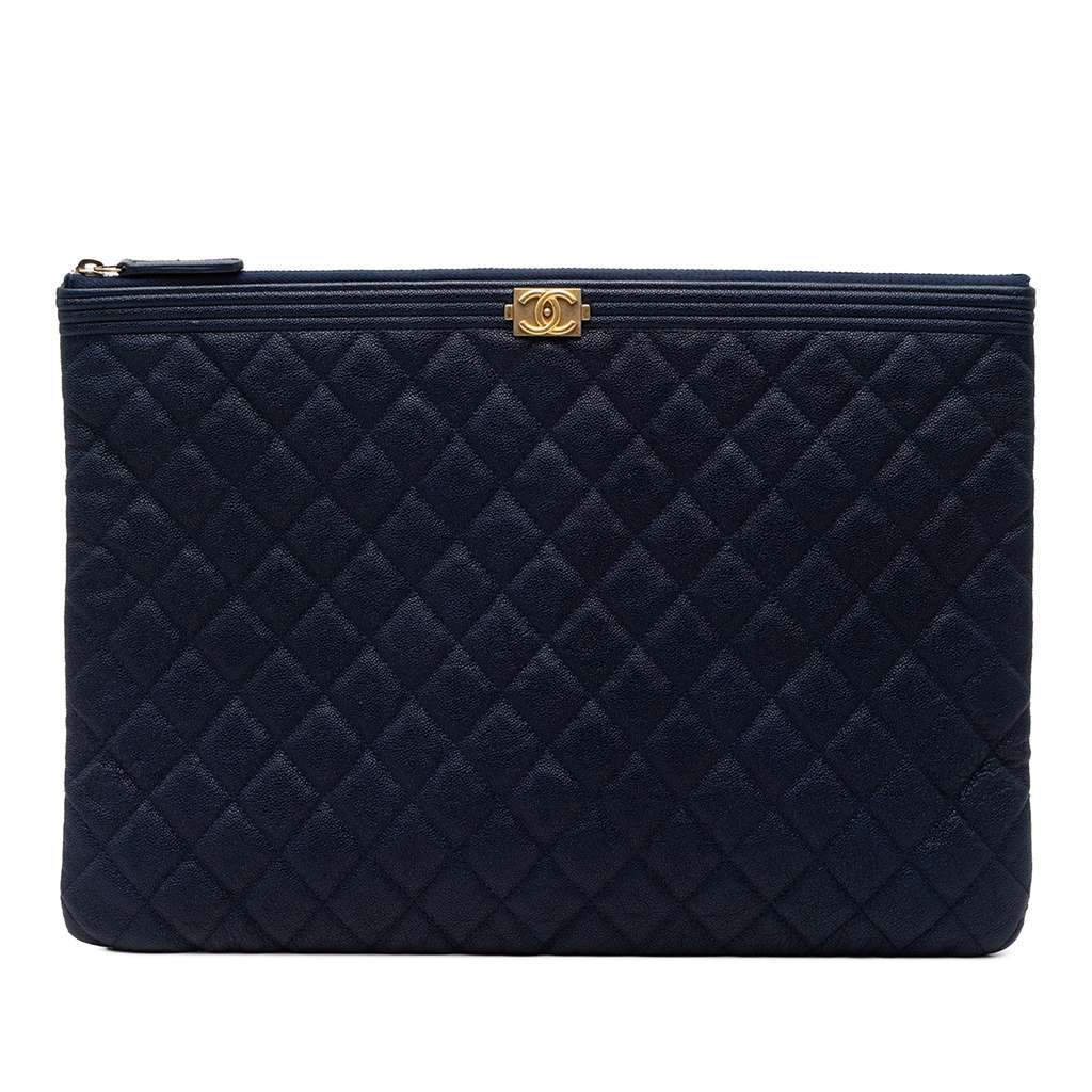 Chanel Large Quilted Caviar Boy O Case Clutch Blue Leather Good - Front View