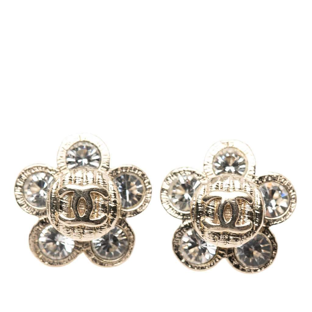 Chanel Gold Plated CC Crystal Floral Push Back Earrings Gold Metal Very good - Front View