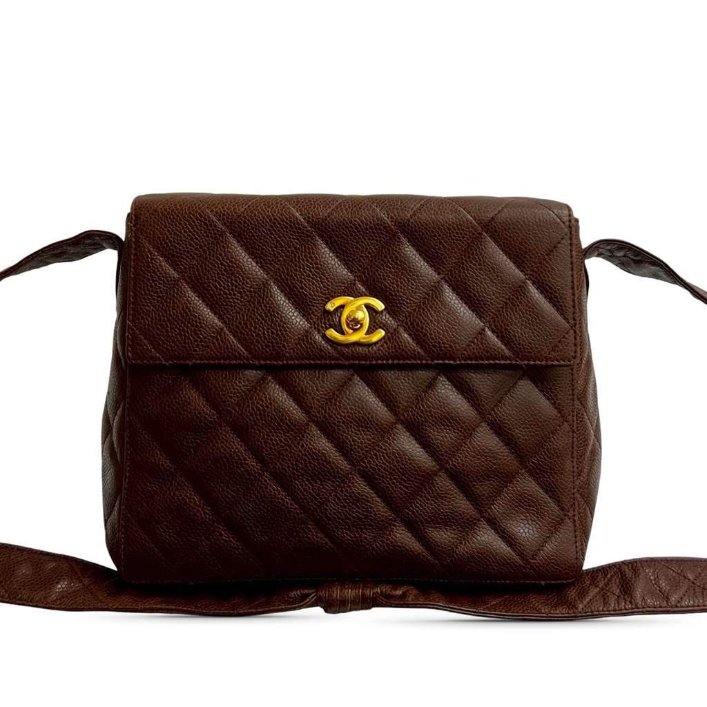 Chanel CC Quilted Caviar Turnlock Crossbody Brown Leather Good - Front View