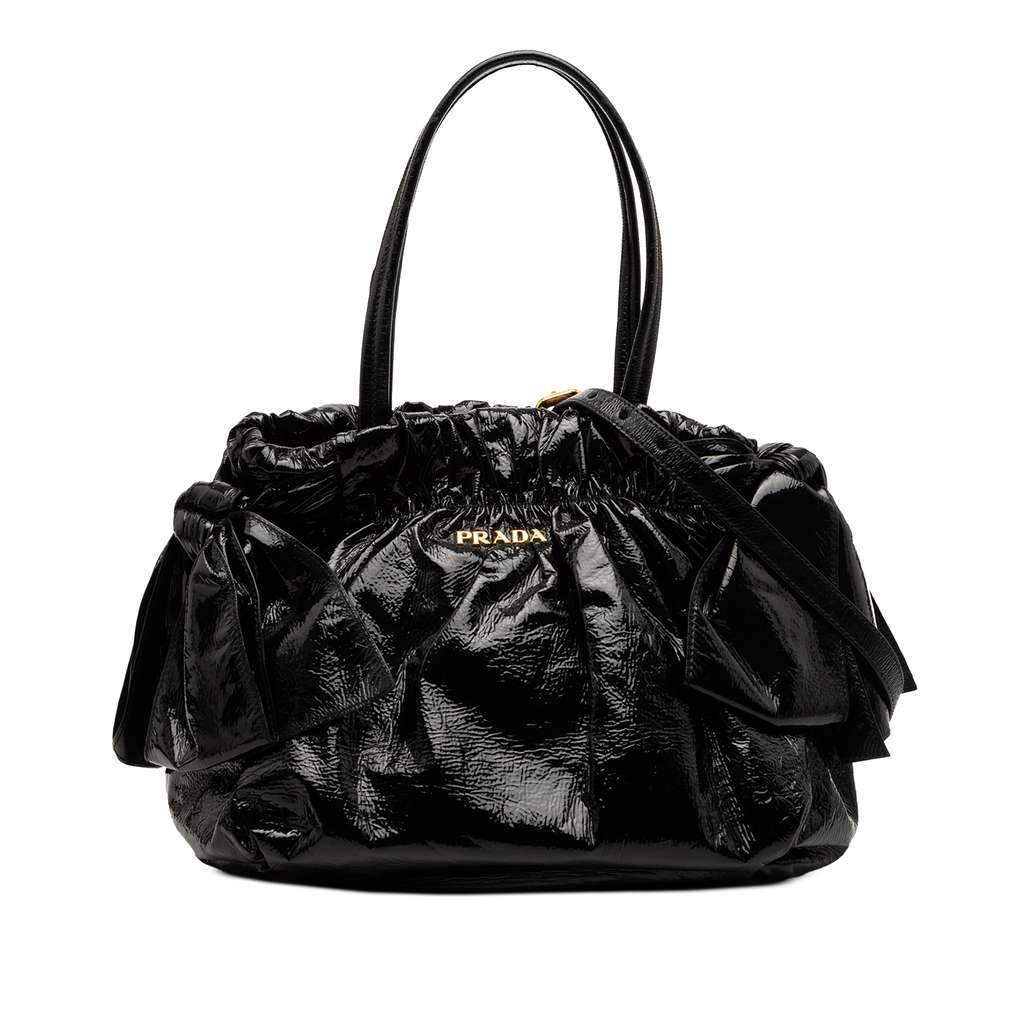 Prada Vernice Gaufre Bow Satchel Black Leather Good - Front View