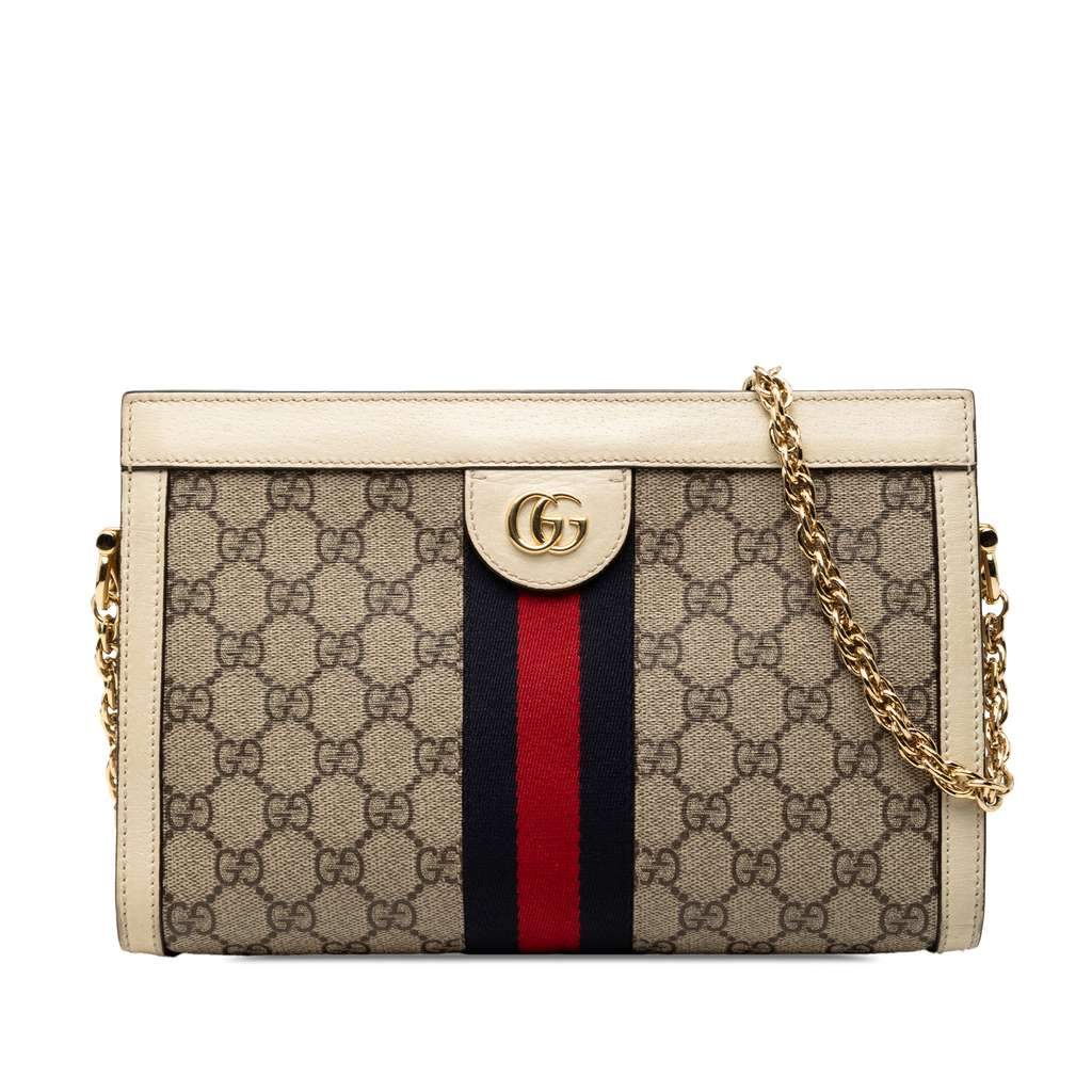 Gucci Small GG Supreme Web Ophidia Chain Crossbody Brown Canvas Good - Front View