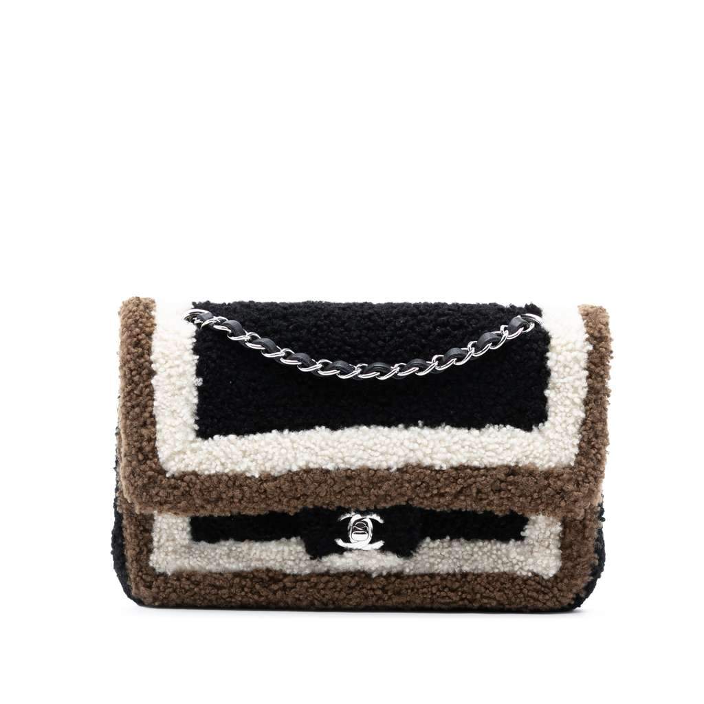 Chanel Medium Classic Tricolor Shearling Double Flap Black Very good - Front View